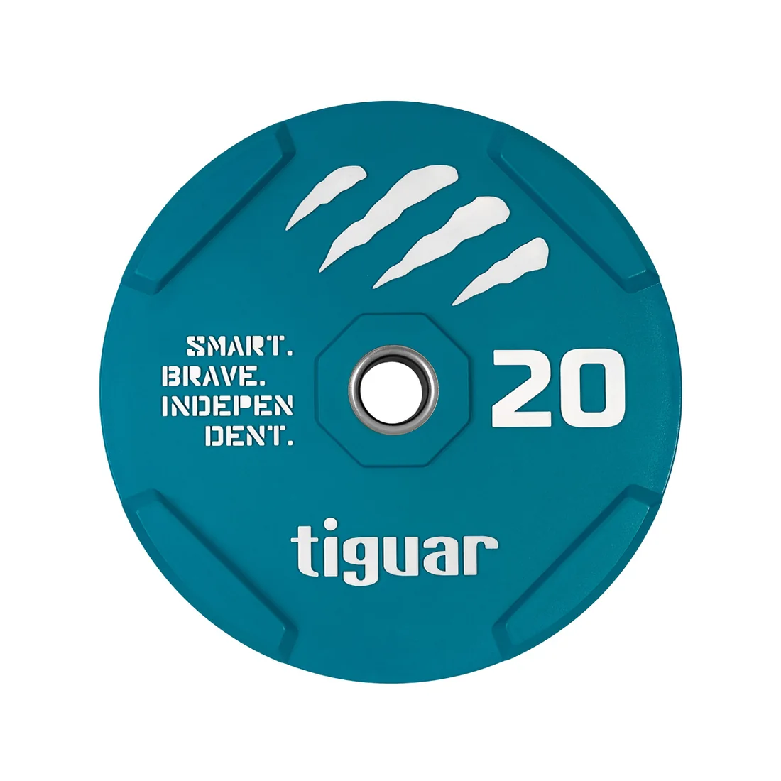 tiguar 20 kg interlock bumper plate face on, embossed SMART. BRAVE. INDEPENDENT.